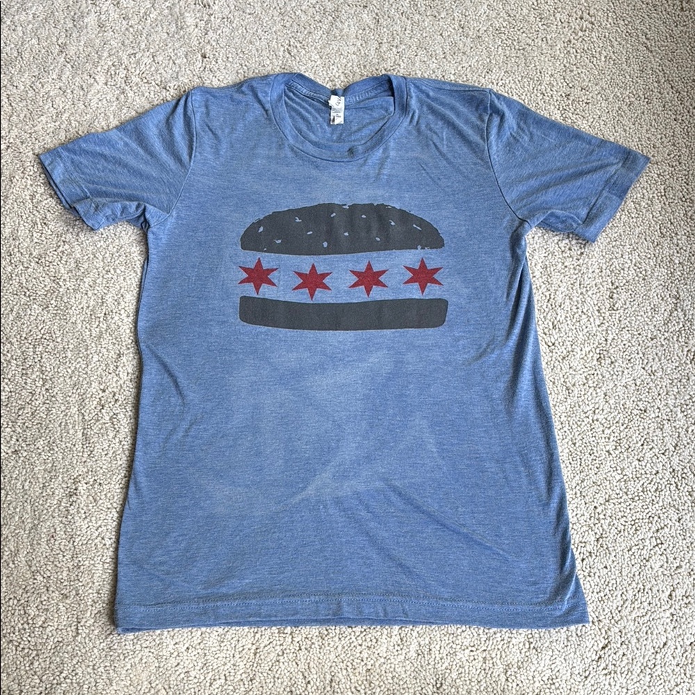 Canvas Blue and Red Short Sleeve Tee with Chicago Flag Design